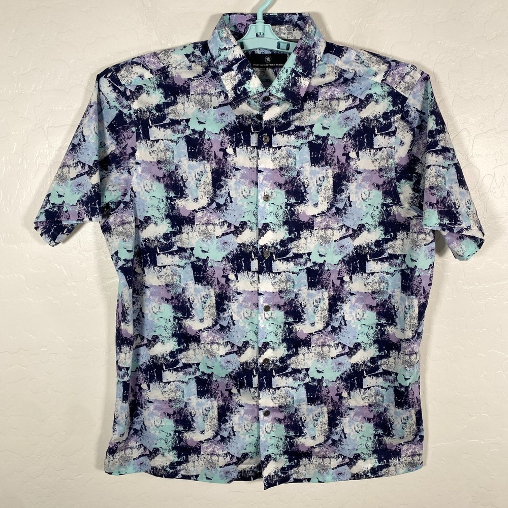 Hart Schaffner Marx Shirt Mens Large Blue Purple Button Up Short Sleeve Abstract